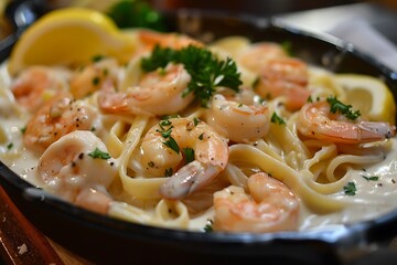 A dish of seafood fettuccine Alfredo with shrimp and scallops in a creamy garlic sauce, garnished with parsley and lemon wedges.