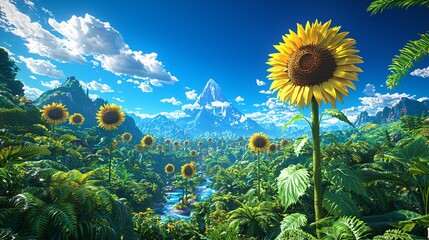 Wall Mural - Sunflowers, river, tropical mountains, sunny day, idyllic landscape