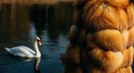 luxurious fur coat with white swan on a serene lake