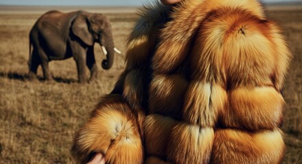 stylish fur coat fashion with elephant in african savanna