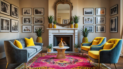 Wall Mural - Vintage Fantasy Antique Living Room with Yellow Pineapple Accents Eclectic Sofa Carpet Fireplace and Artistic Photo Gallery Wall Art  Interior Design Inspiration