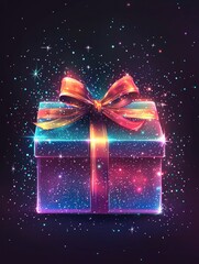 Fototapete - A glowing gift box with a ribbon on a dark background, vector illustration featuring stars and light effects, glowing lines, digital art style, fantasy elements, bright colors.