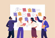 © nadzeya26 - Business Workshop Concept. Vector cartoon illustration of a close-up group of diverse people standing near a board with sticky notes and discussing an idea. Isolated on background.