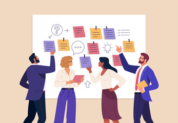 Fototapete - Business Workshop Concept. Vector cartoon illustration of a close-up group of diverse people standing near a board with sticky notes and discussing an idea. Isolated on background.