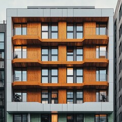 Aufkleber - The modern building with minimalist balconies is a five store concrete and wood apartment complex with white wall on the upper floors and green tiles on the lower floors. many windows in the building.