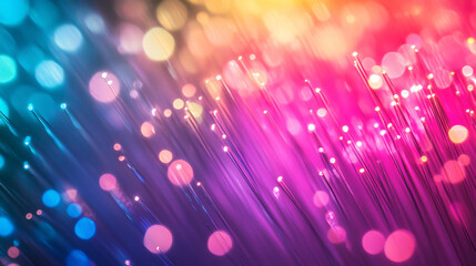 Wall Mural - A close-up photograph of fiber optic cables shows colorful light pulses traveling through them, resulting in a vibrant and abstract image.