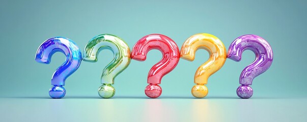 Poster - Five colorful question marks standing in a row on a pastel background