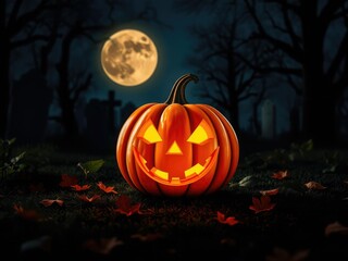 Pumpkin Jack Lantern in Graveyard at Night, haunting ambiance, autumn evening