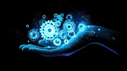Wall Mural - Glowing mechanical gears float above hand in dark background for tech or innovation use