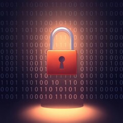 digital padlock surrounded by binary code highlights cybersecurity and data protection concepts in a