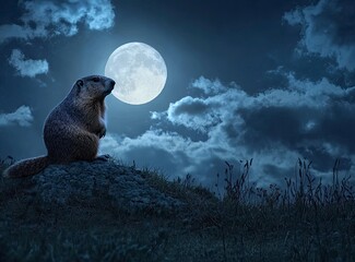 Wall Mural - A beautiful night sky with a full moon and a marmot on the hill in the background.