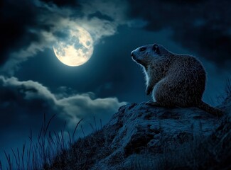 Wall Mural - A beautiful night sky with a full moon and a marmot on the hill in the background.