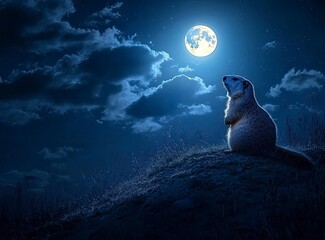 Wall Mural - A beautiful night sky with a full moon and a marmot on the hill in the background.