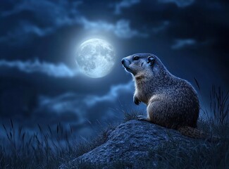Wall Mural - A beautiful night sky with a full moon and a marmot on the hill in the background.