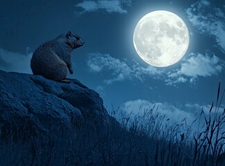 Wall Mural - A beautiful night sky with a full moon and a marmot on the hill in the background.