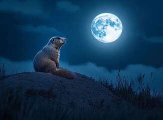 Wall Mural - A beautiful night sky with a full moon and a marmot on the hill in the background.