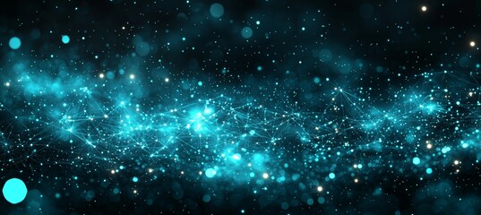 A cybernetic dreamscape emerges as neon lines converge to form a complex technical structure, bathed in blues and greens