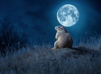 Wall Mural - A beautiful night sky with a full moon and a marmot on the hill in the background.