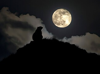 Wall Mural - A beautiful night sky with a full moon and a marmot on the hill in the background.