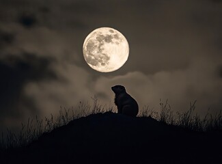 Wall Mural - A beautiful night sky with a full moon and a marmot on the hill in the background.