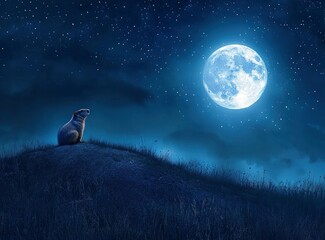 Wall Mural - A beautiful night sky with a full moon and a marmot on the hill in the background.