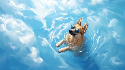 Wall Mural - A dog wearing sunglasses floats serenely in bright blue water, enjoying a sunny summer swim.