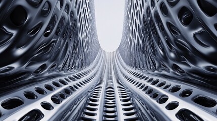 Fototapete - Abstract metallic structure forming tunnel leading to light