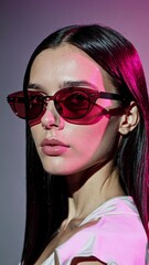 Aufkleber - a close-up of a woman wearing tinted sunglasses in vibrant pink lighting.