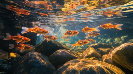 Wall Mural - Koi fish swim in a rocky stream, sunlight filters through the water, nature scene, aquatic wallpaper