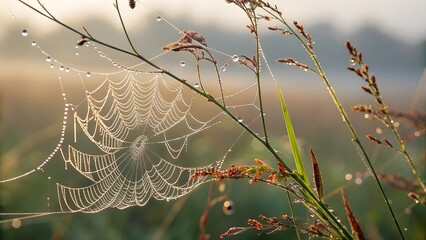 Dew-Kissed Web: A delicate spiderweb, glistening with morning dew, hangs between blades of grass in a serene and misty field. The intricate pattern of the web is highlighted by the soft sunlight.