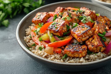 Wall Mural - Tempeh stir-fry with rice and peppers