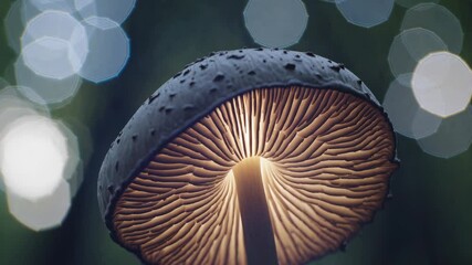 Poster - a glowing mushroom underside with branching veins backlit by soft forest bokeh.