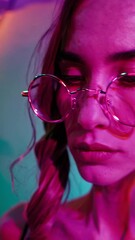Leinwandbilder -  close-up of a woman wearing round pink-tinted glasses, surrounded by blurred neon reflections in cyan and orange.