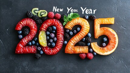 2025 new year numbers written with fruit on dark background