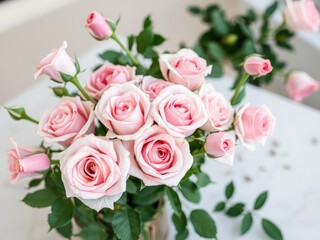 Wall Mural - Pastel pink rose flowers on a table, pale pink roses, spring flowers, pastel colors