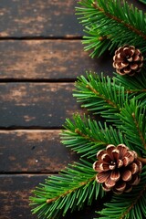 Wall Mural - Pine cone and pine needle arrangement against a rustic wooden background, forest, wood, autumn