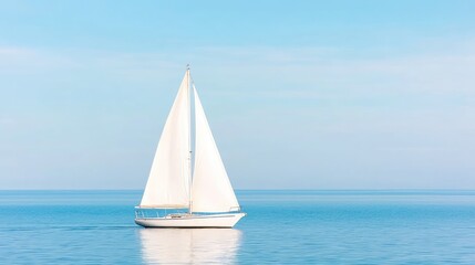  Sailboat gliding on calm ocean, sunny sky background; travel, leisure