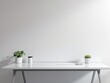 © Prasert - Simple desk setup against a bright white wall, desk in white wall, office furniture, workspace setup, studious atmosphere, clean desk