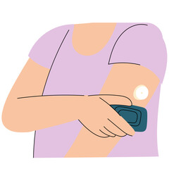 woman wearing a wearable blood sugar monitor. diabetes management and health technology.
