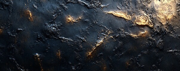 Fototapete - Dark and textured metallic background with golden cracks
