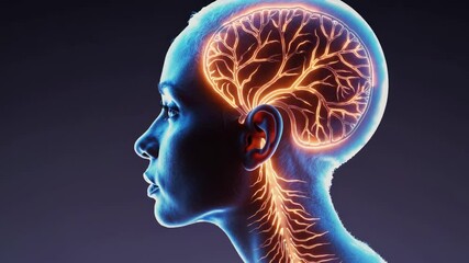 Leinwandbilder - a surreal profile of a woman with a glowing translucent head filled with branching neural patterns in warm orange tones.