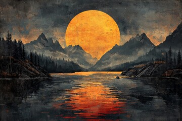 A collage illustrating a surreal landscape with a red sun, surrounded by forest, trees, mountains, and water, in an abstract style with grunge, halftone, and glitch effects