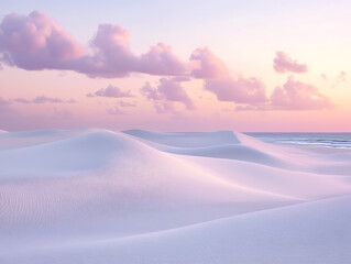 Wall Mural - serene coastal hinterland with soft, white sand dunes and gently crashing waves, with the sky painte