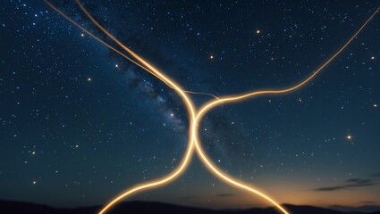 Wall Mural - bright streaks cross a starry sky above a tranquil landscape during twilight