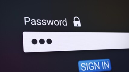 Video animation of entering a password in the form field on the login page of a website in the Internet browser. Entering the password - pin code.