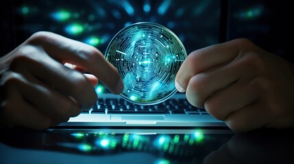Close-up of hands analyzing digital data through magnifying glass