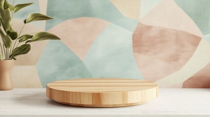 Wall Mural - Modern round product podium with wood finishing, set against a retro background of pastel geometric shapes and abstract motifs