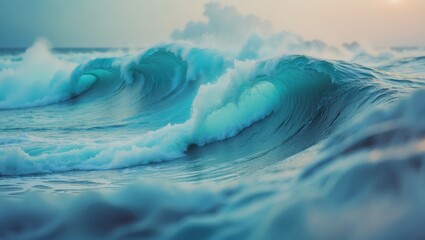 Wall Mural - ocean waves crashing against the shoreline during the early morning light with a peaceful atmosphere