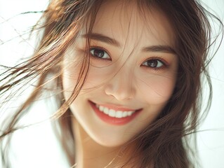 A close-up of a lovely young Asian Indian woman, smiling widely to show her clean teeth, suitable for a dental ad, set against a white background. Stock photo.