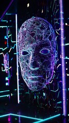 Fototapete - a glowing digital human head emerging from an illuminated futuristic wall. A